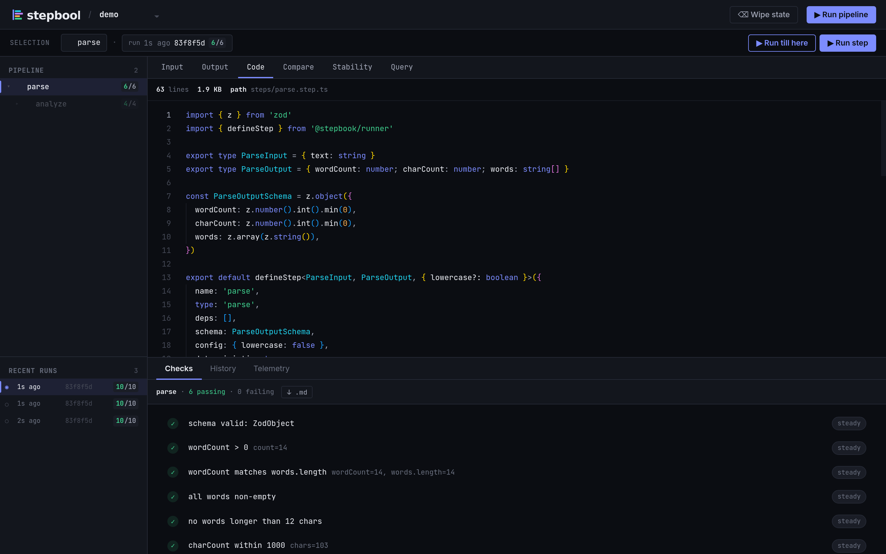 Code canvas showing the parse step's source file.